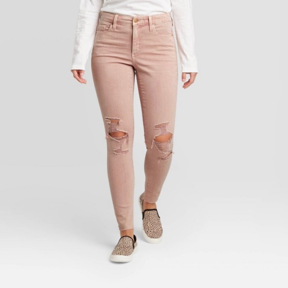 Pink High-Rise Skinny Distressed Ripped Jeans